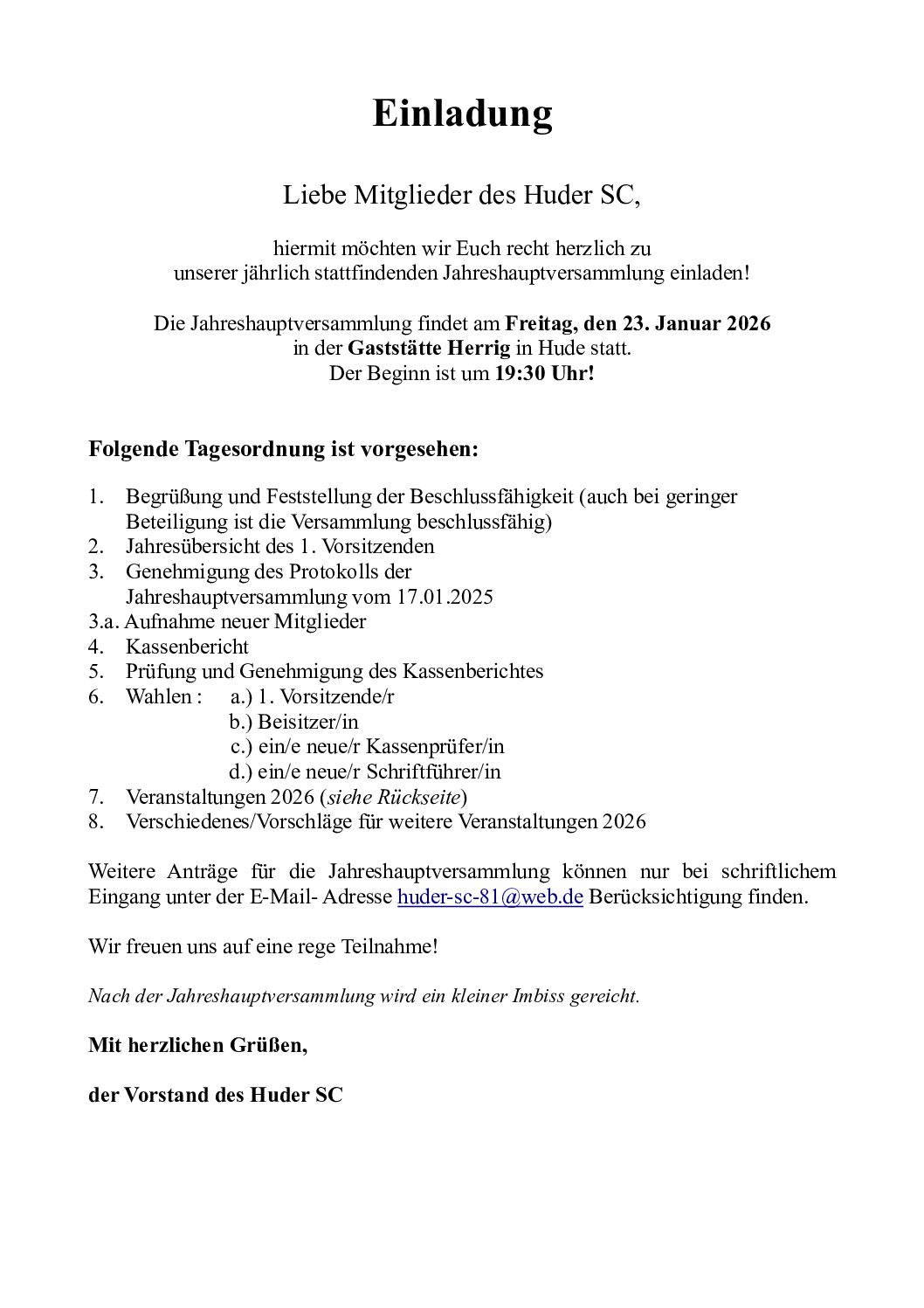 Einladung zur Jahreshauptversammlung am 23.01.2026